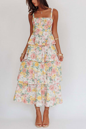 Arolora Floral Print Tie-up Tiered Midi Dress