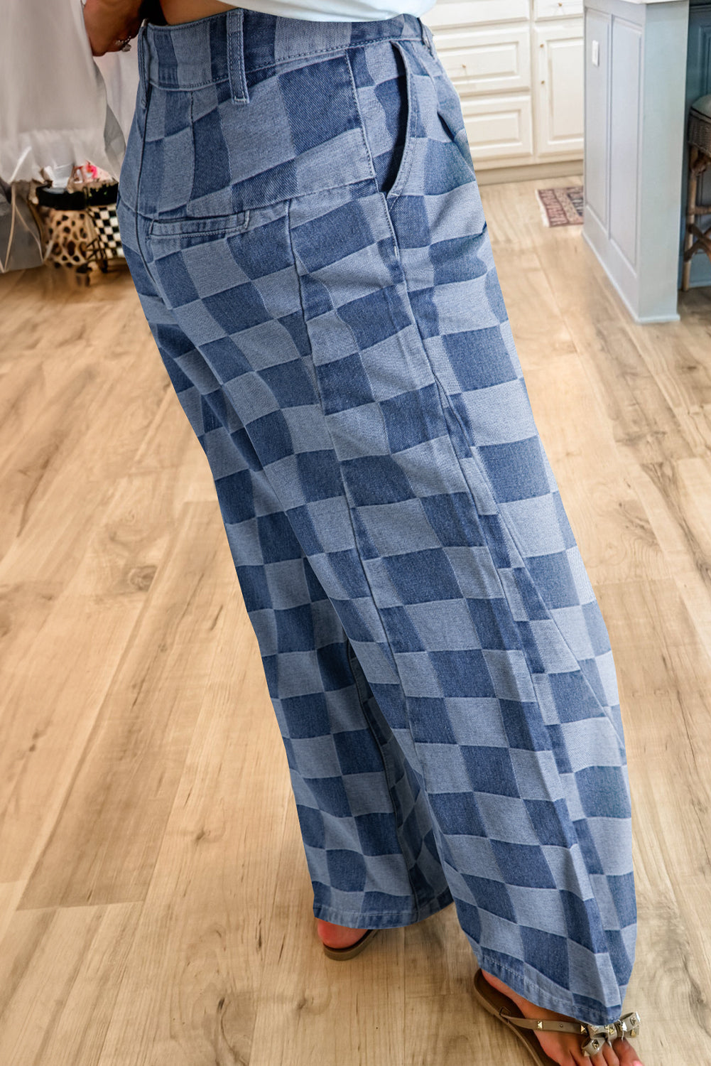Arolora checkered-high-waist-denim-wide-leg-jeans