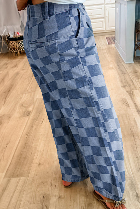 Arolora checkered-high-waist-denim-wide-leg-jeans