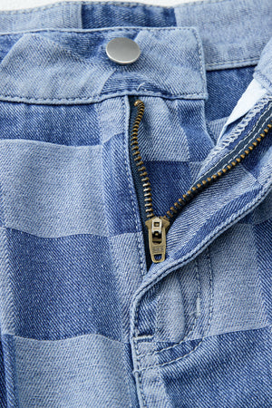 Arolora checkered-high-waist-denim-wide-leg-jeans