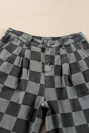 Arolora checkered-high-waist-denim-wide-leg-jeans