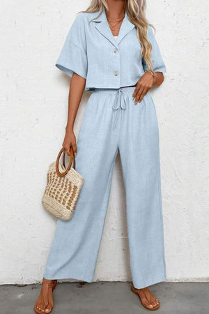 Button-down Crop Shirt Long Pants Set
