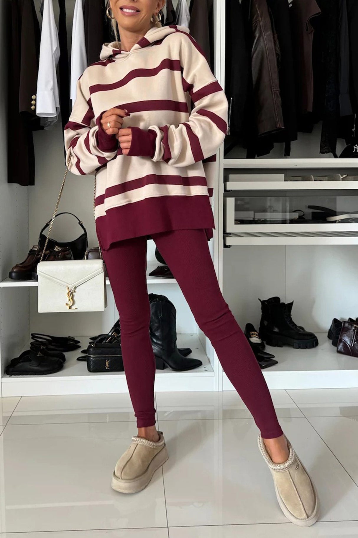 Printed Slit Hem Hoodie Leeging Set