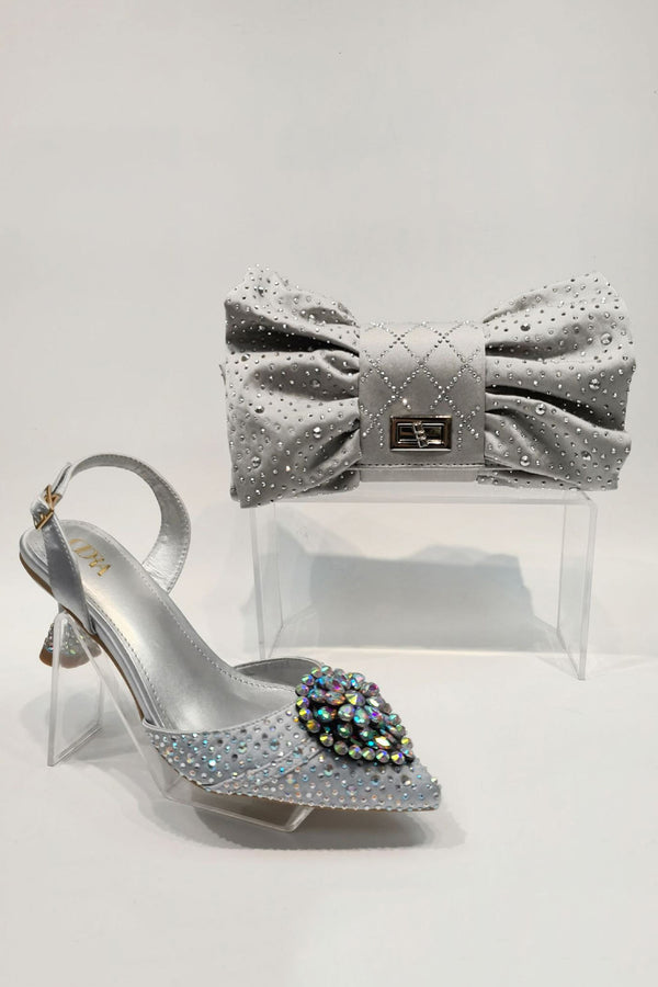 Pointed Rhinestone High Heels With Bow Hand Bag