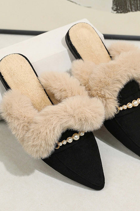 Pearl Plush Pointed-Toe Loafer Mules