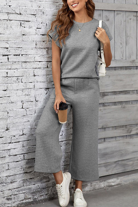 Solid Color Lattice Texture T-shirt Pants Set
