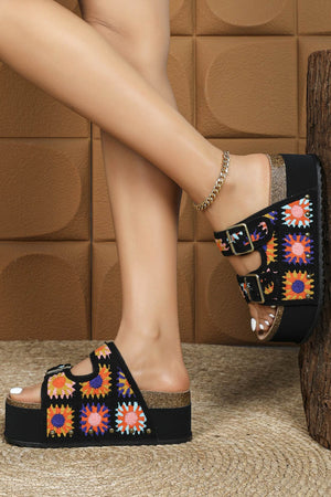 Boho Floral Embroidery Platform Sandals