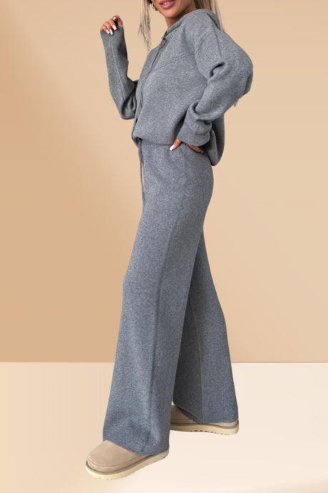 Solid Color Hooded Sweatshirt Wide-leg Outfit Set