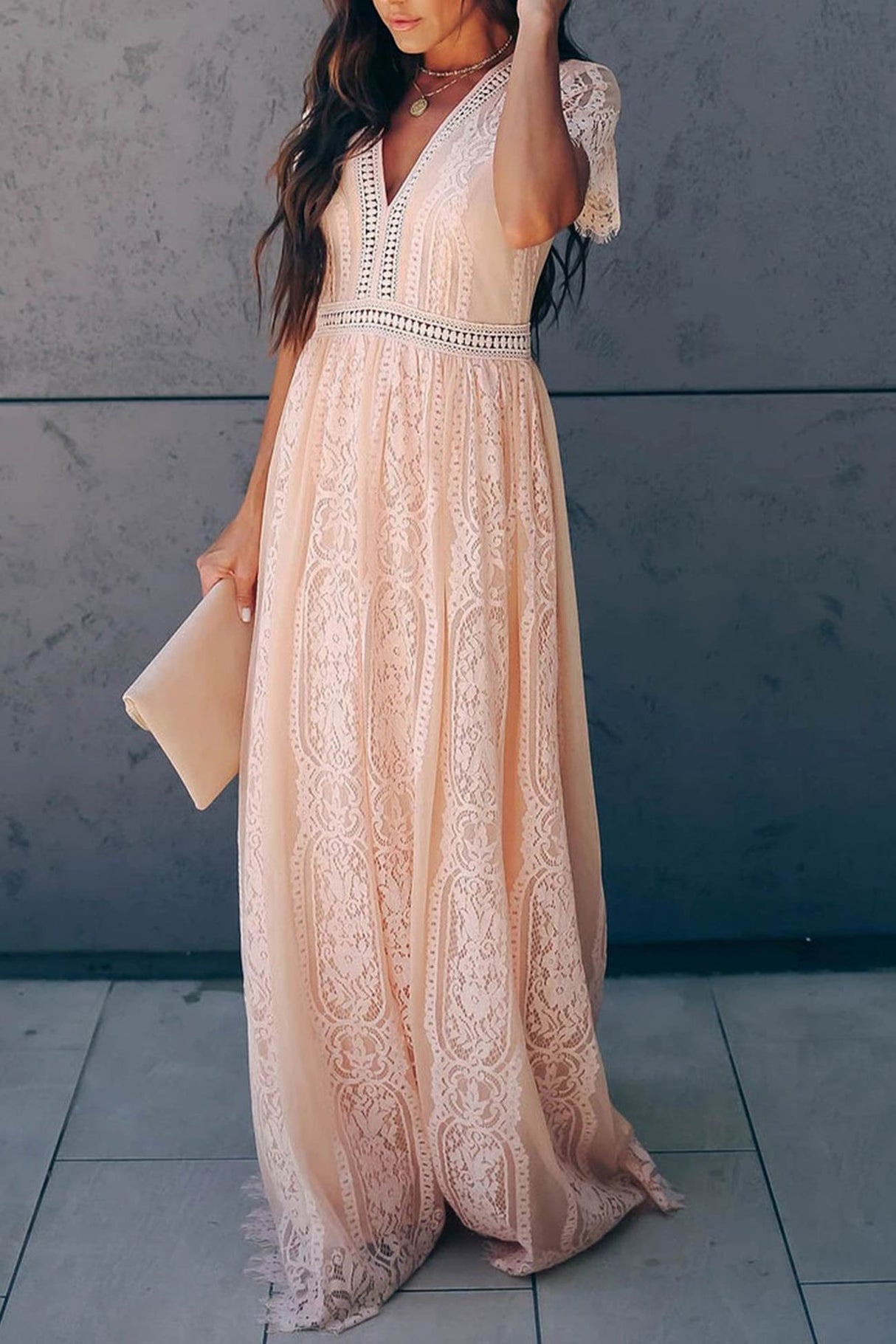V Neck Lace Embroidery Maxi Dress