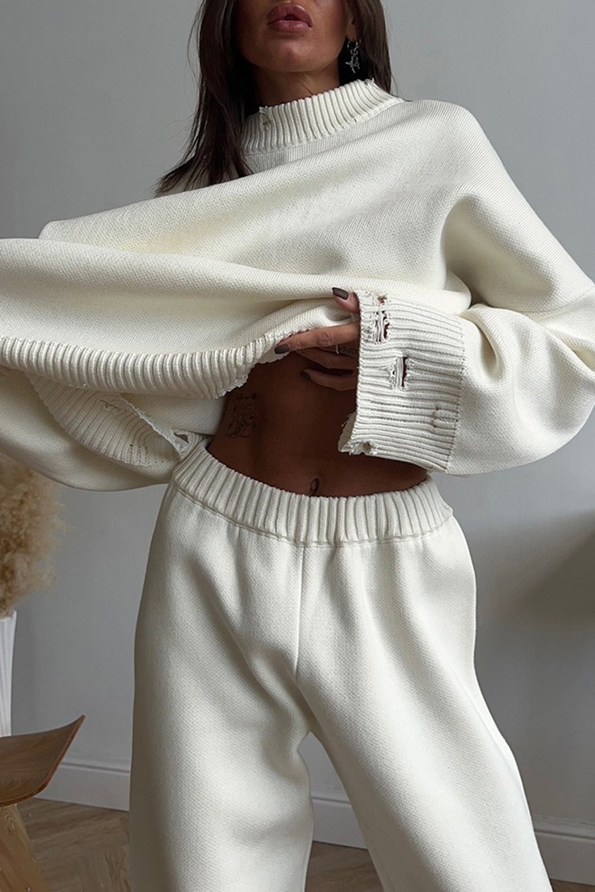 Raw Edge Crew Neck Sweater Set