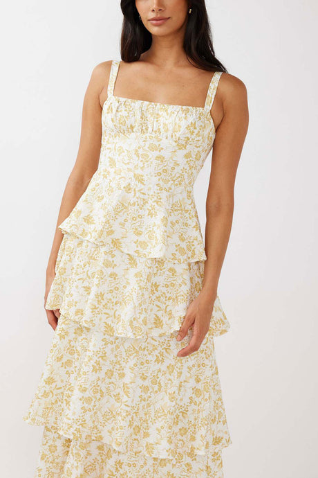 Arolora Floral Print Tie-up Tiered Midi Dress