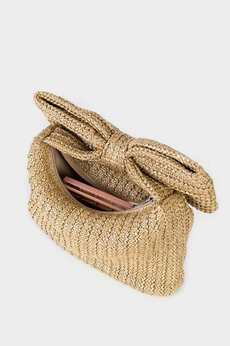 Arolora Bow Hand Made Straw Woven Clutch