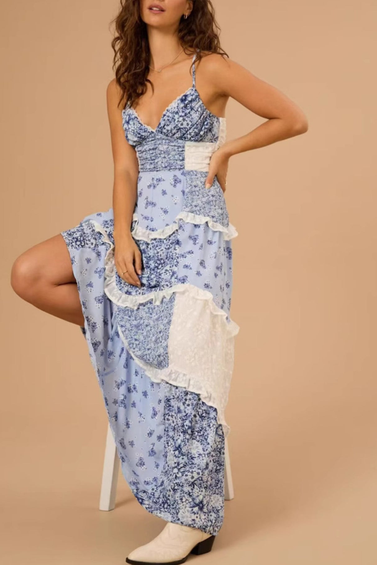 Arolora Floral Print Lace Patchwork Cami Dress