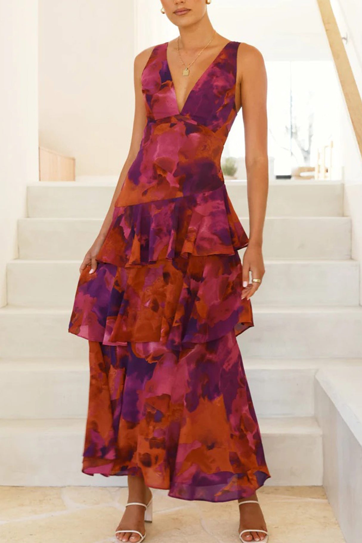 Arolora Floral Print Tie-up Back Chiffon Tiered Dress