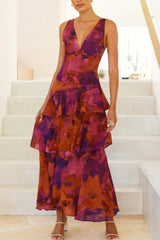 Arolora Floral Print Tie-up Back Chiffon Tiered Dress