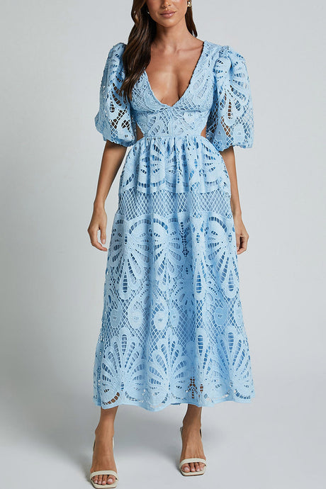 Arolora V-neck Lace Embroidery Hollow Waist Dress