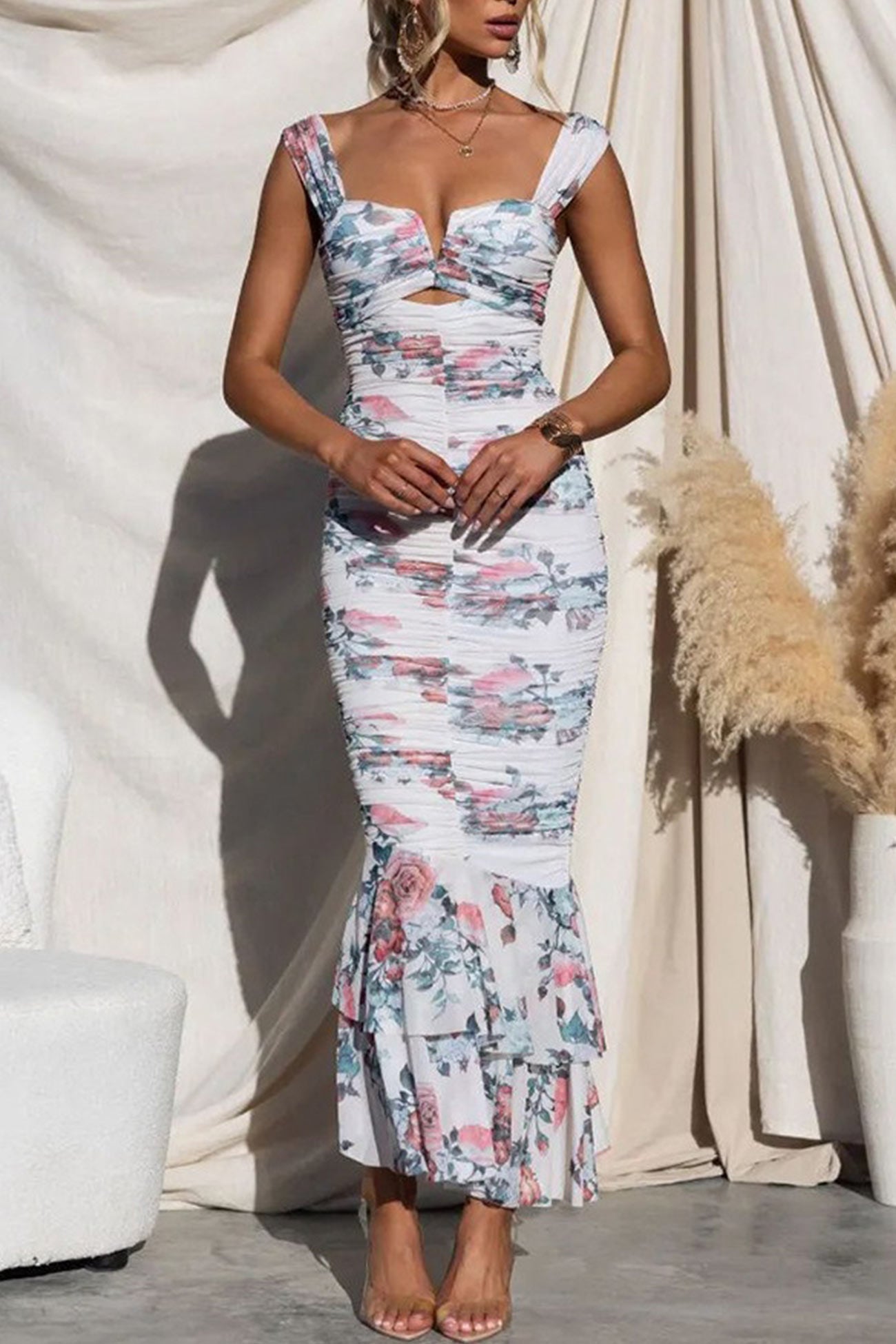 Arolora Floral Print Ruched Fishtail Dress