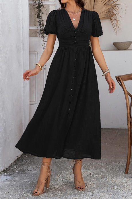 Arolora Puff Sleeve Single Breasted Slit Dress