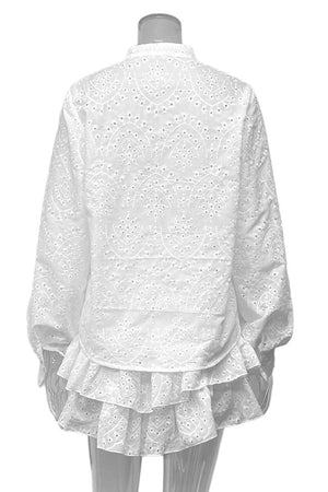 Arolora Hollow-out Jacquard Blouse Tiered Shorts Set