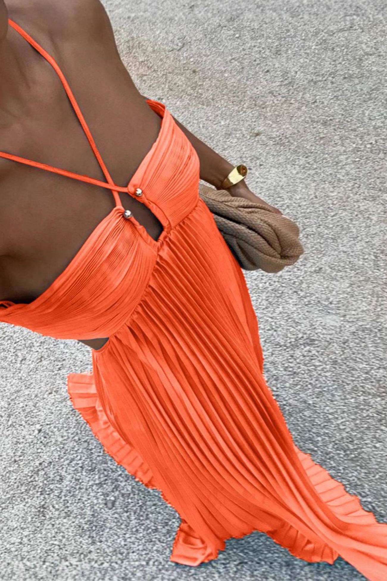 Arolora Halterneck Cutout Pleated Maxi Dress