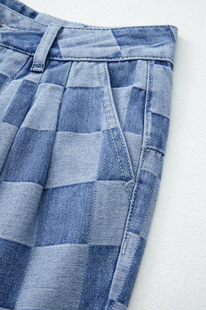 Arolora checkered-high-waist-denim-wide-leg-jeans