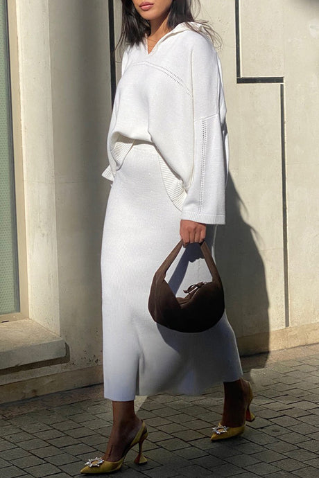 Lapel V Neck Sweater Skirt Set