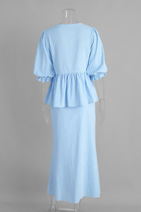 Puff Sleeve Tie-up Ruffle Cotton Shirt Skirt Set