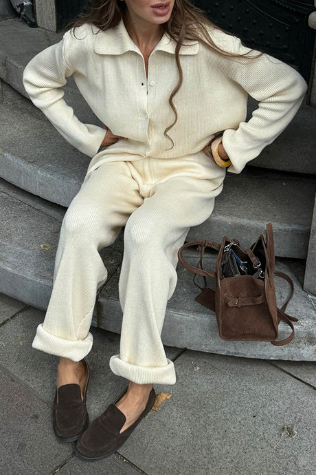 Lapel Button-down Ribbed Knit Two-piece Set