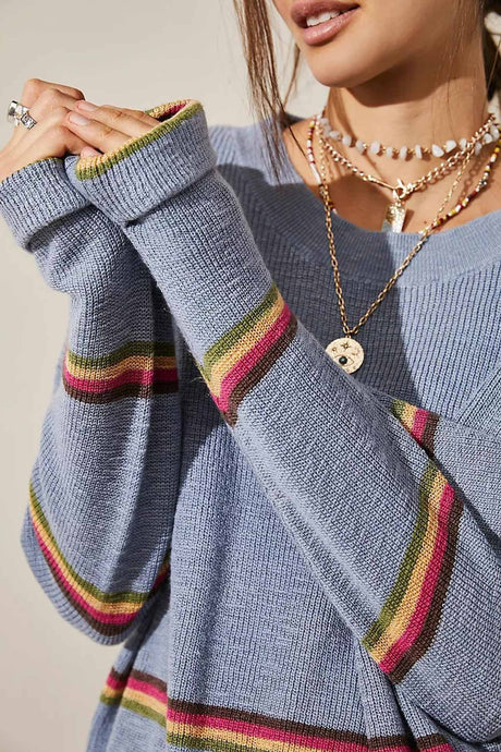 Contrast Striped Long Sleeve Sweater Two Piece Outfits