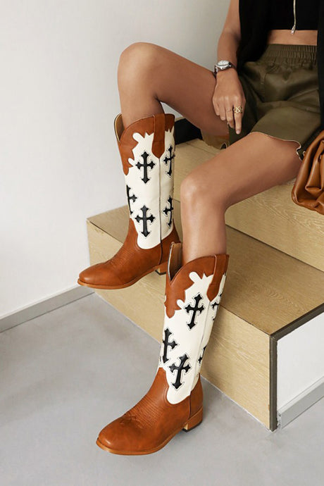 Cross Pattern Square Toe Knee High Boots