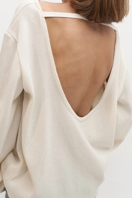 Crew Neck Backless Cotton Sweater