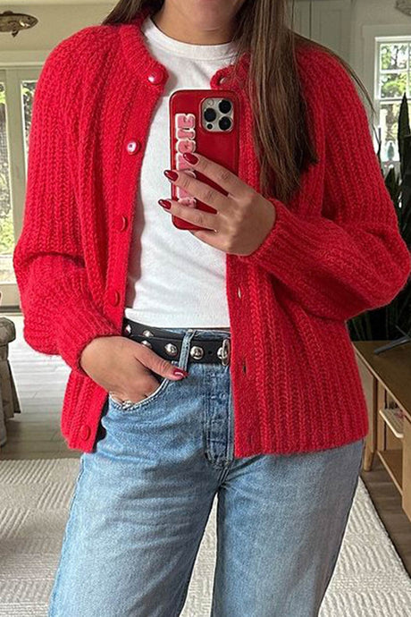 Solid Color Lantern Sleeve Short Cardigan