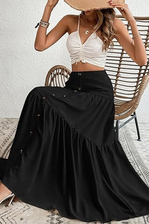 Single-breasted Solid Color Tiered Maxi Skirt