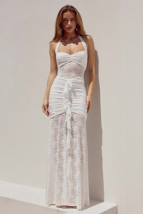 Halterneck Lace Patchwork Ruched Dress