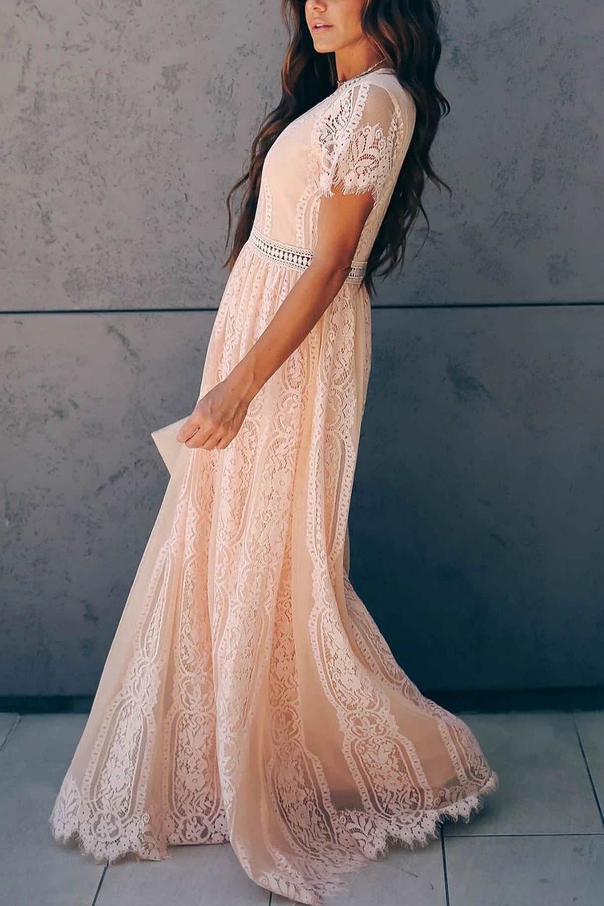 V Neck Lace Embroidery Maxi Dress