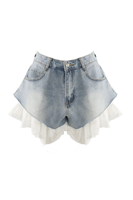 Arolora Lace Patchwork Denim Shorts