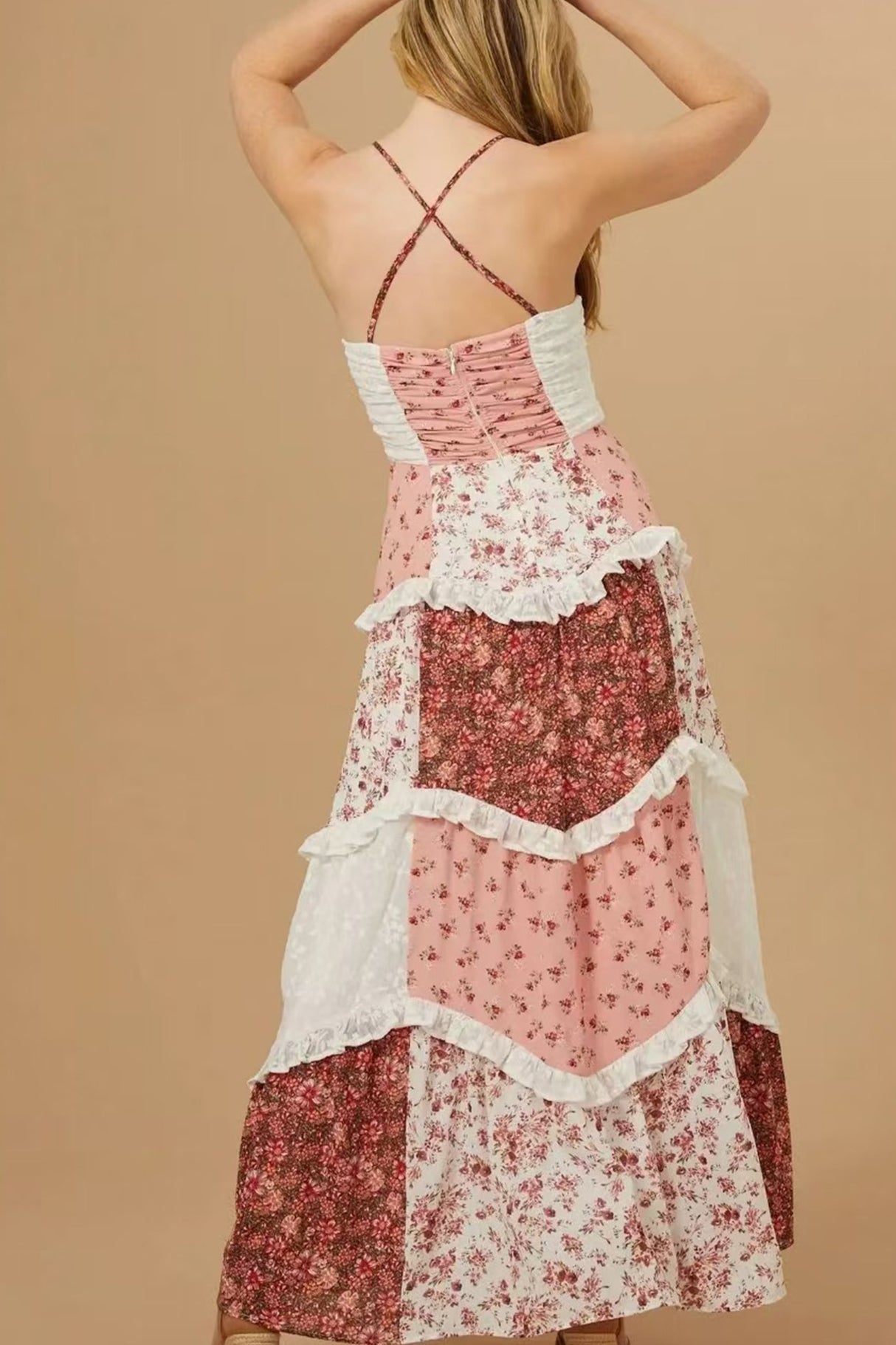 Arolora Floral Print Lace Patchwork Cami Dress