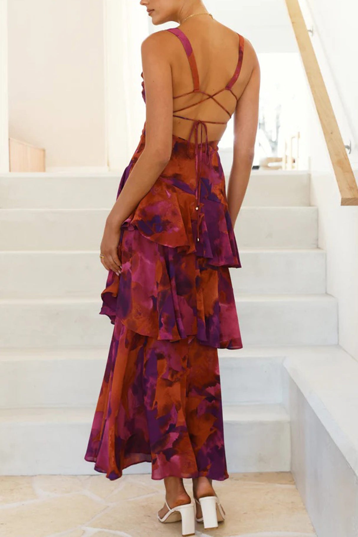 Arolora Floral Print Tie-up Back Chiffon Tiered Dress