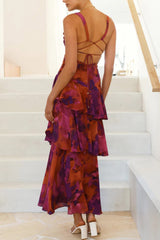 Arolora Floral Print Tie-up Back Chiffon Tiered Dress