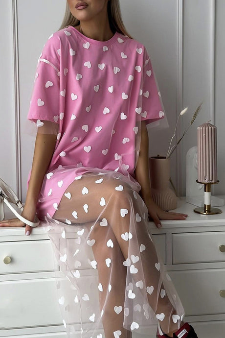 Arolora Heart Print Mesh Patchwork T-shirt Dress