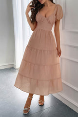 Arolora Low Cut Puff Sleeve Backless Tiered Dress