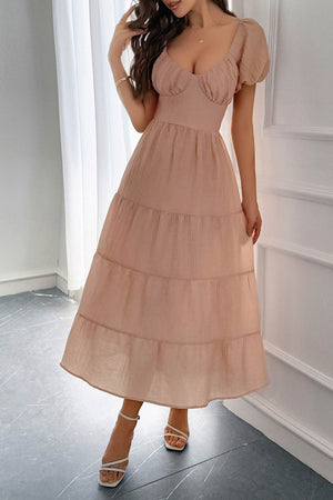 Arolora Low Cut Puff Sleeve Backless Tiered Dress