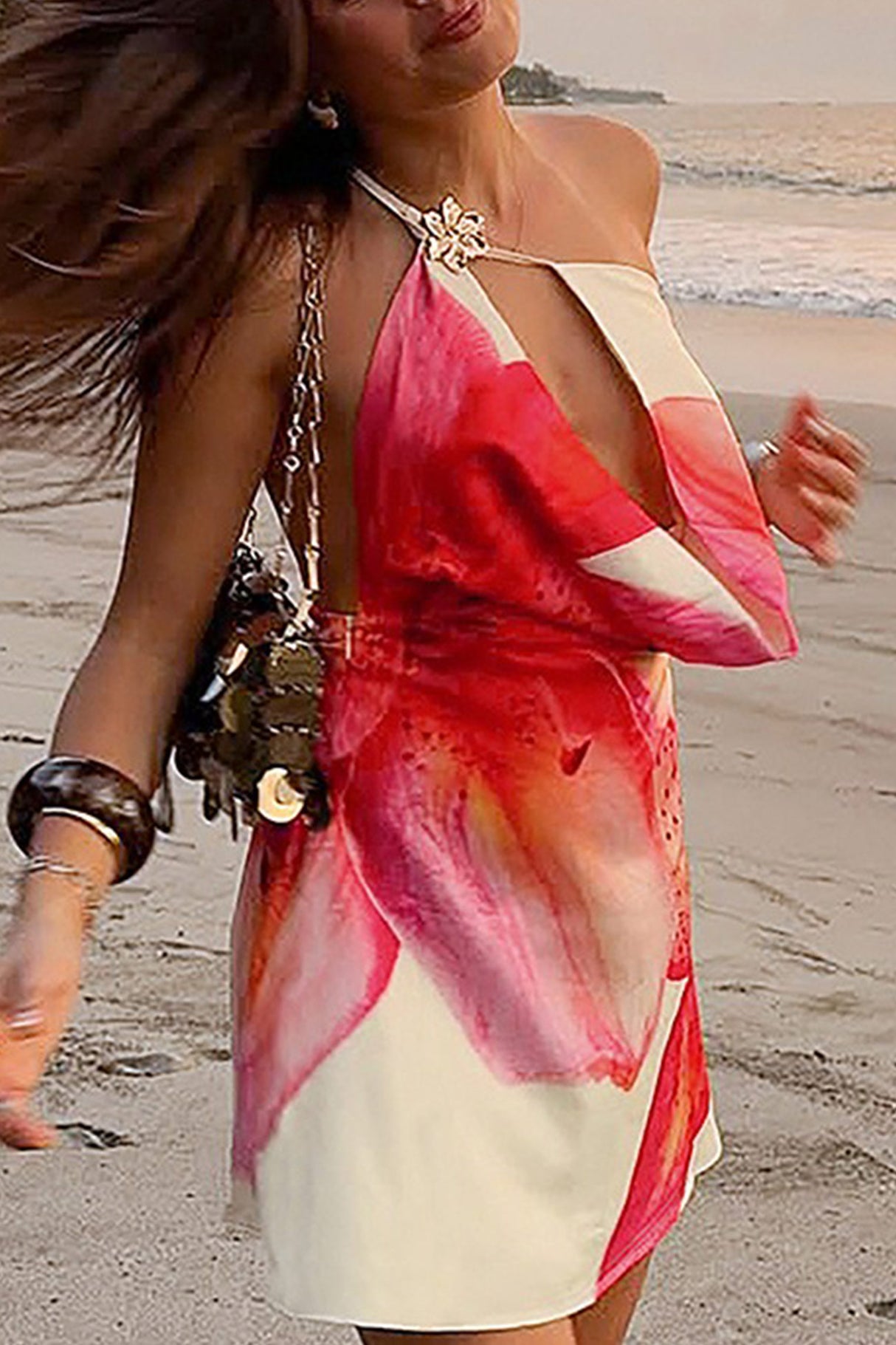 Arolora Floral Cowl Neck One-shoulder Mini Dress
