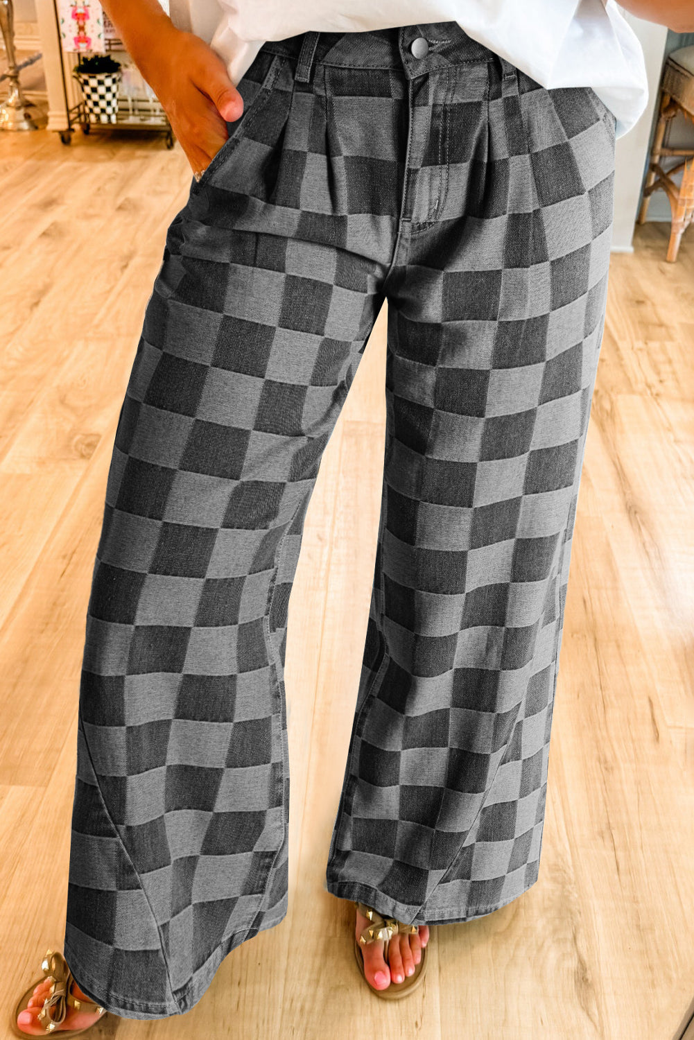 Arolora checkered-high-waist-denim-wide-leg-jeans