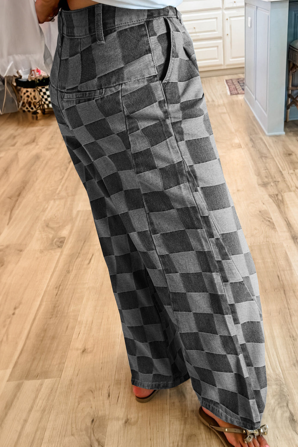 Arolora checkered-high-waist-denim-wide-leg-jeans