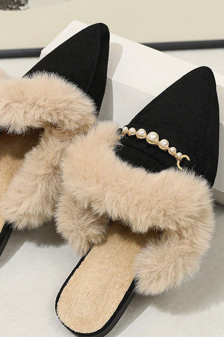 Pearl Plush Pointed-Toe Loafer Mules