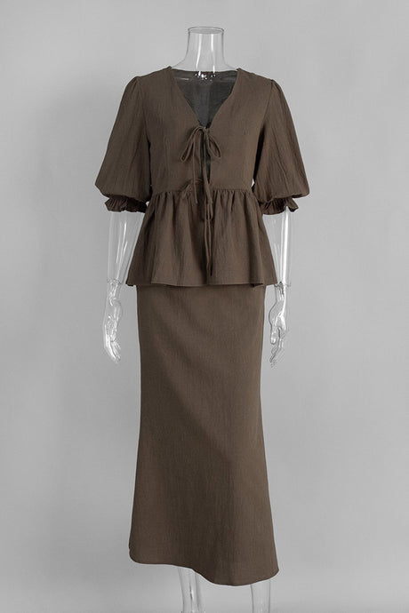 Puff Sleeve Tie-up Ruffle Cotton Shirt Skirt Set