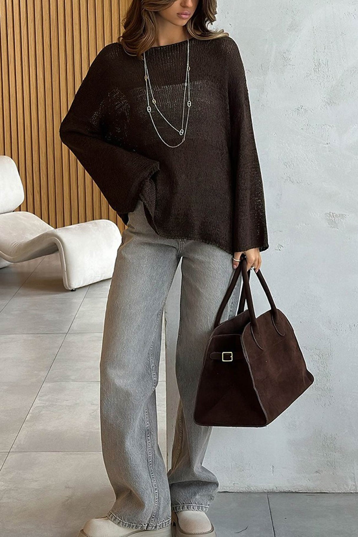 Crew Neck Hollow Out Knit Cover-up Sweater