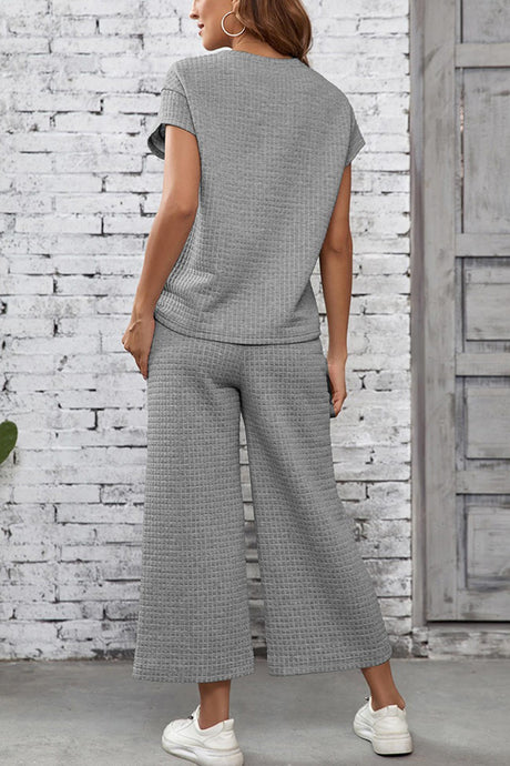 Solid Color Lattice Texture T-shirt Pants Set