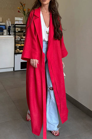 Lapel Tie-up Cotton Linen Dress
